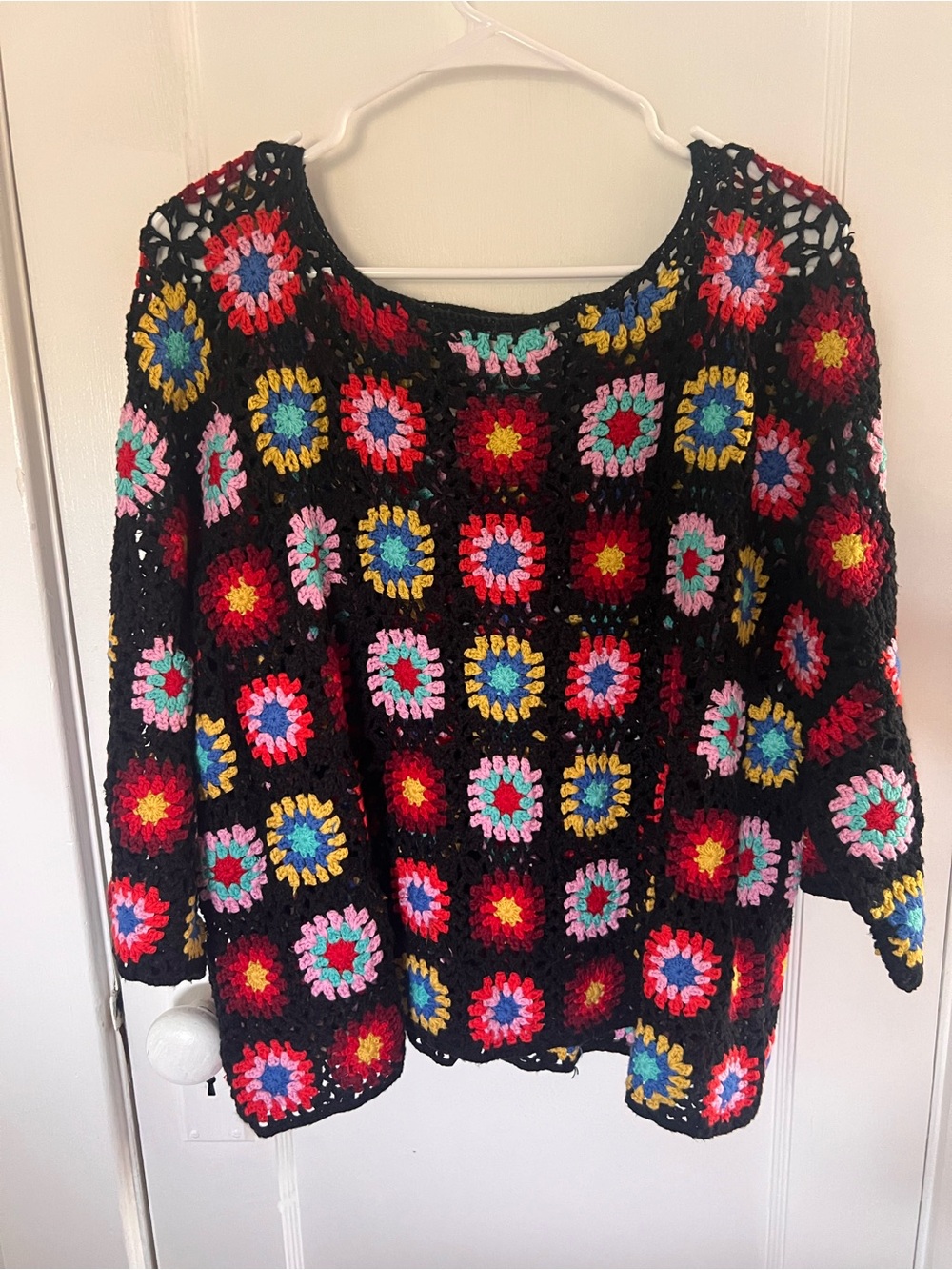 Anthropologie Black Crochet Granny-Square Sweater with Multicolor Accents